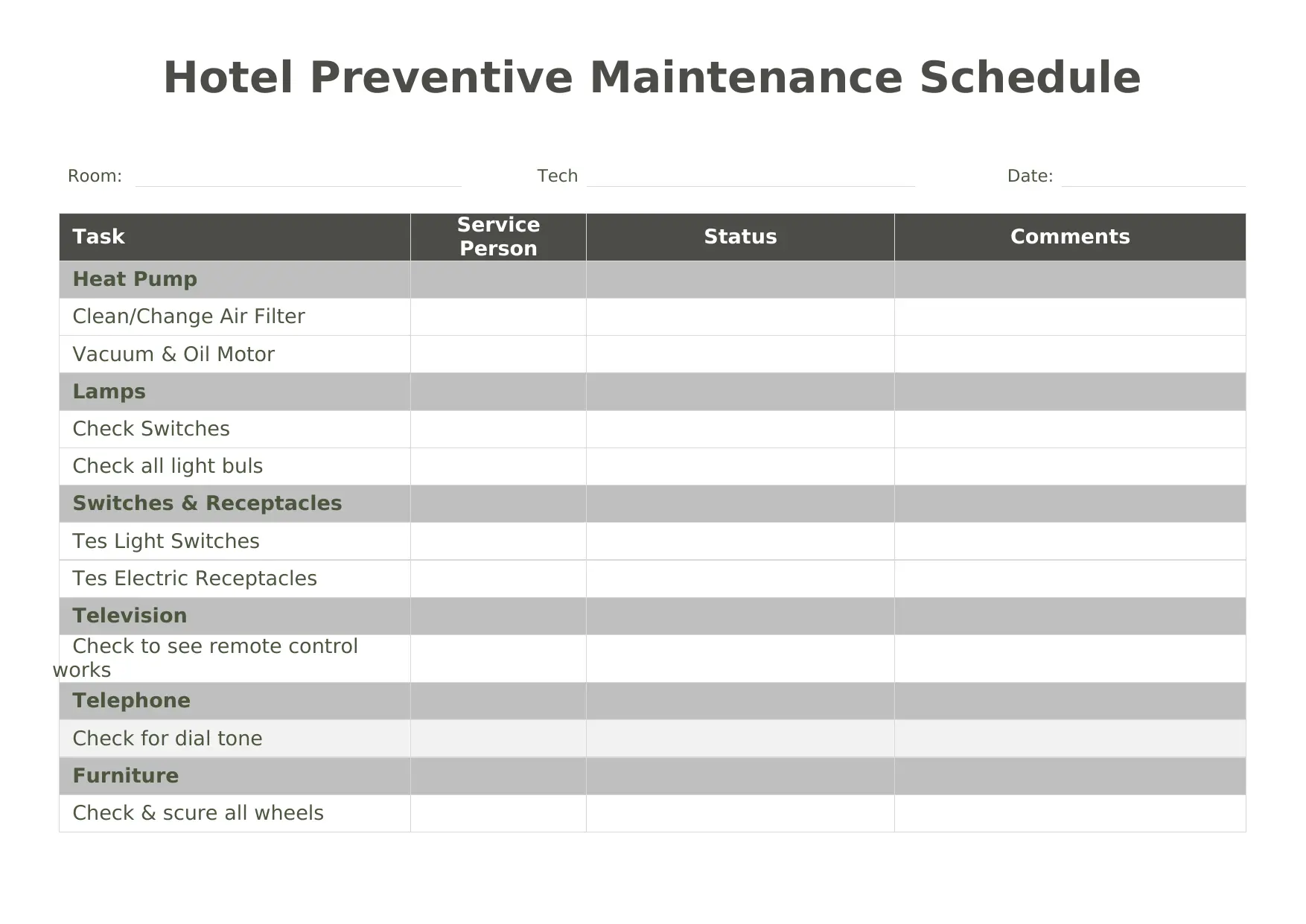 Hotel Preventive Maintenance Schedule Template