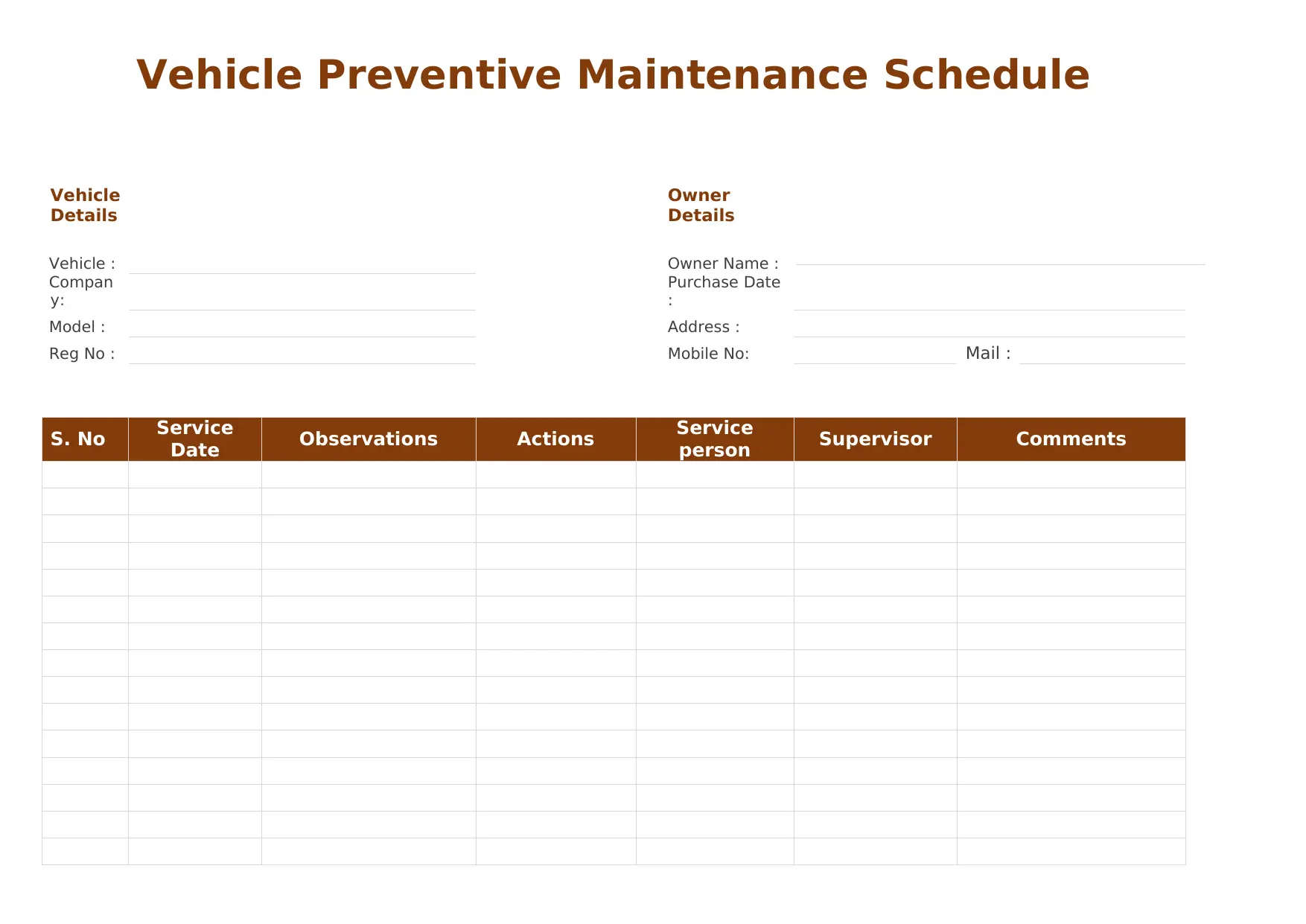 Vehicle Preventive Maintenance Schedule Template