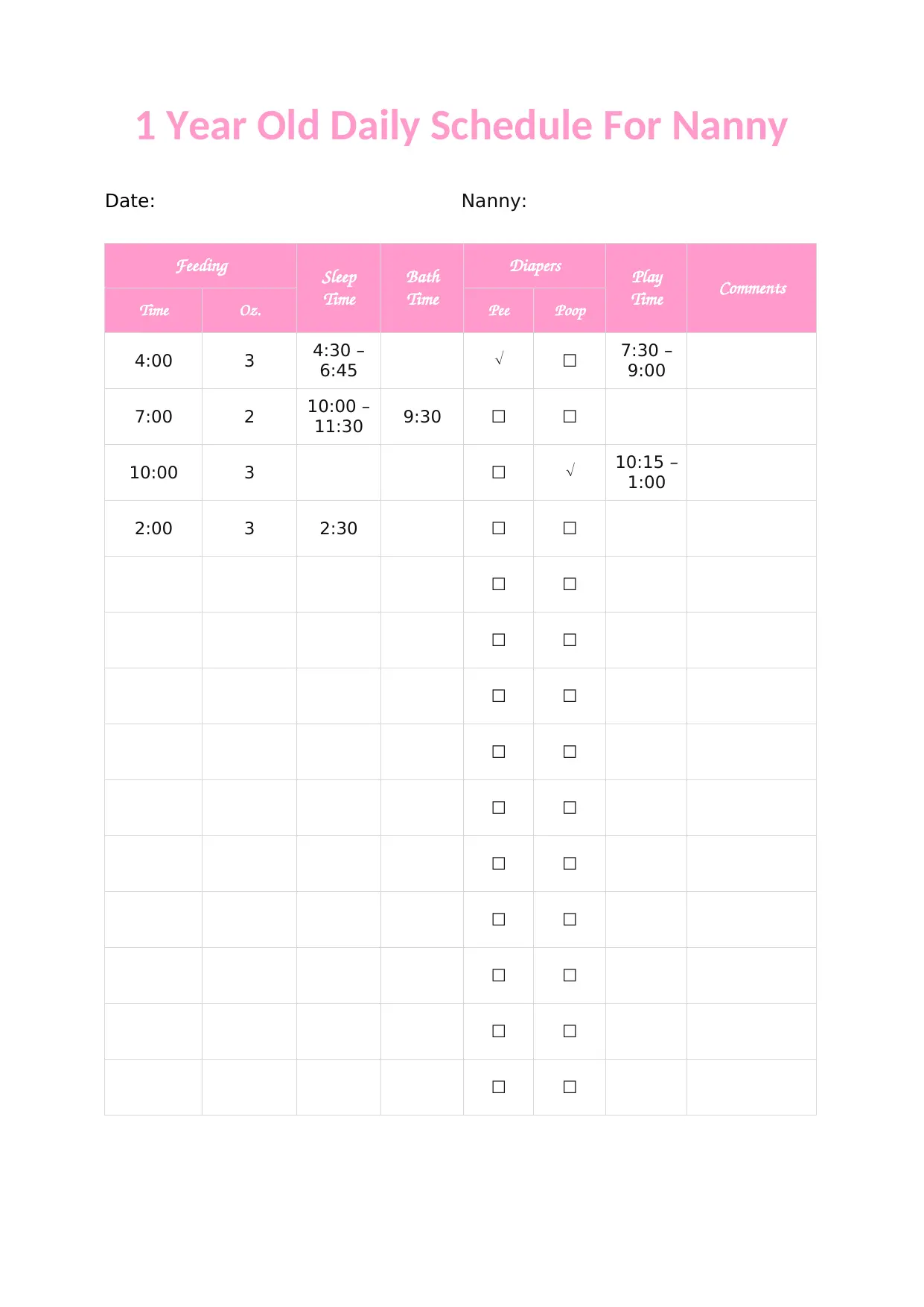 1 Year Old Daily Schedule Template For Nanny