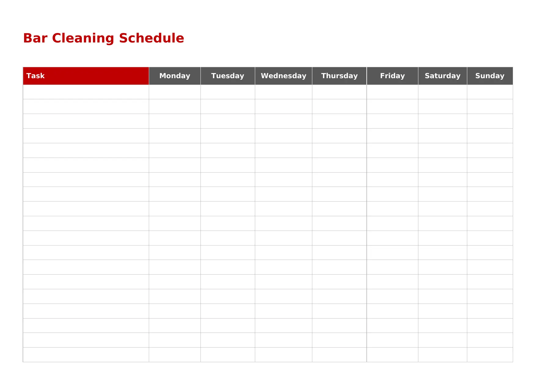 Bar Cleaning Schedule Template, daily Bar Cleaning Schedule Template, bar cleaning schedule examples