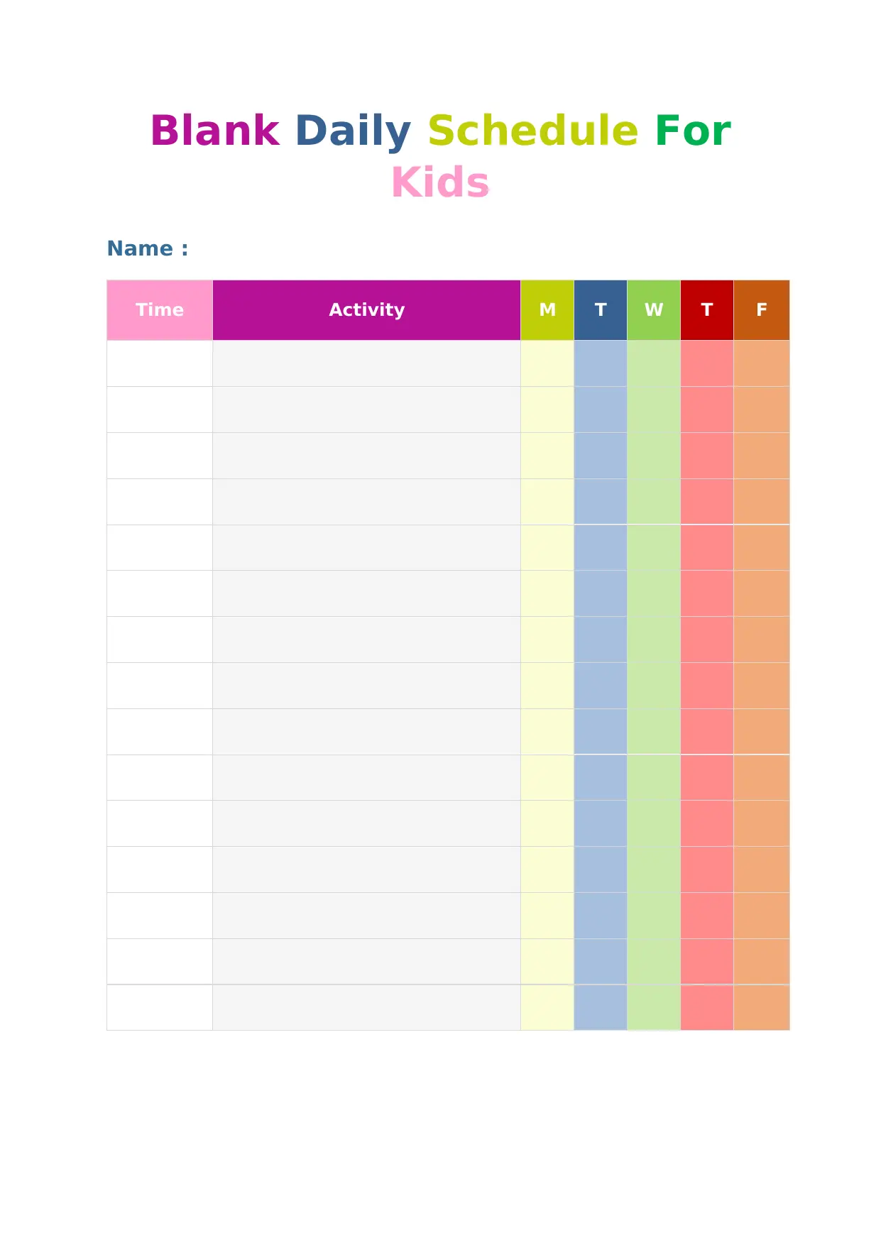 Blank Daily Schedule Template for Kids