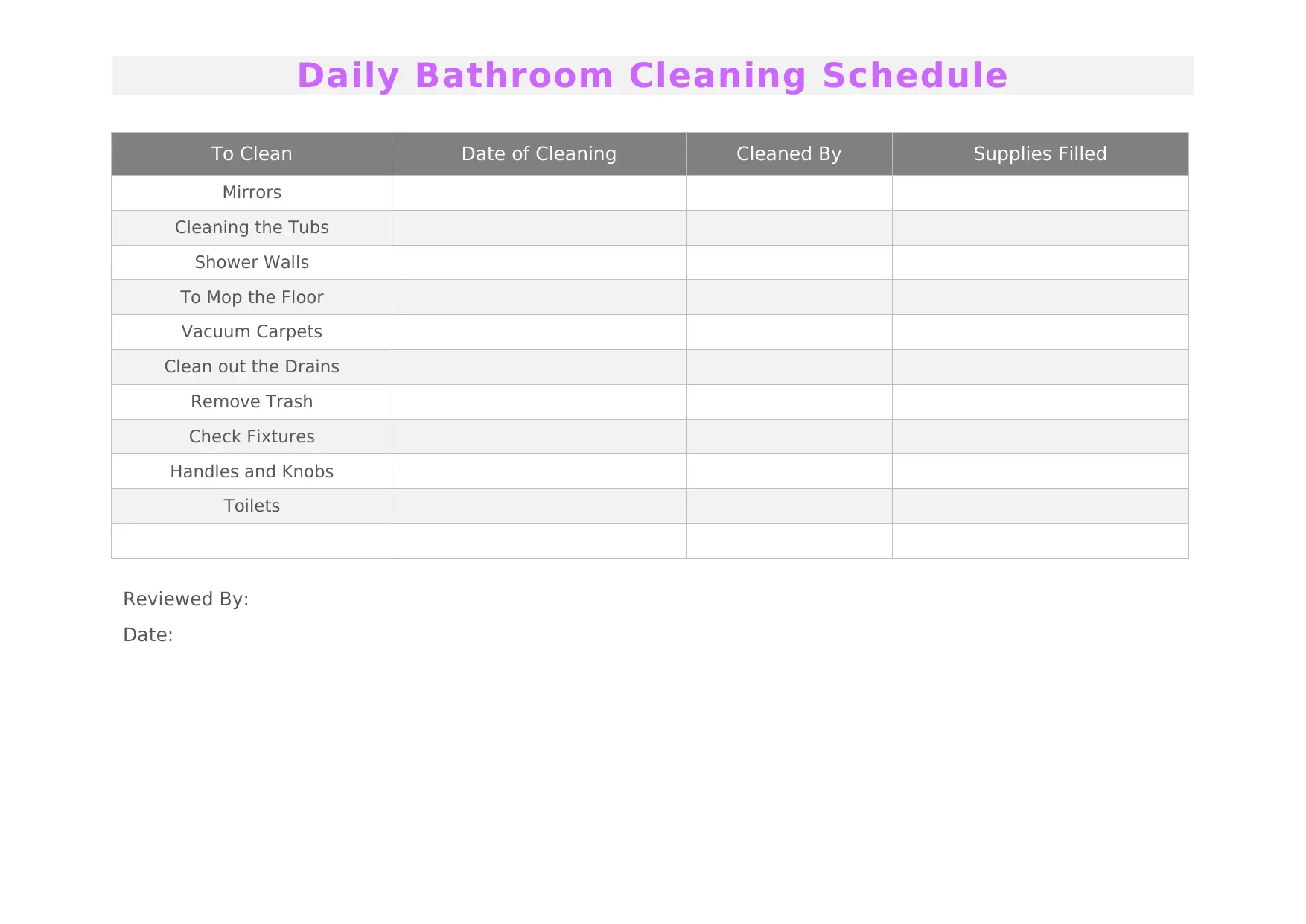 Daily Bathroom Cleaning Schedule Template