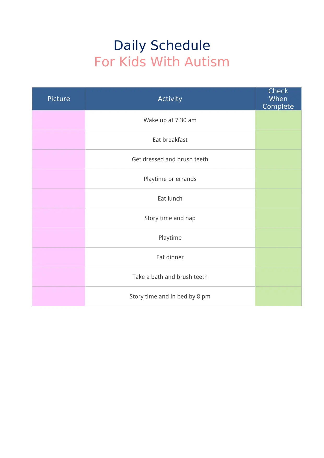 Daily Schedule Template for Kids with Autism