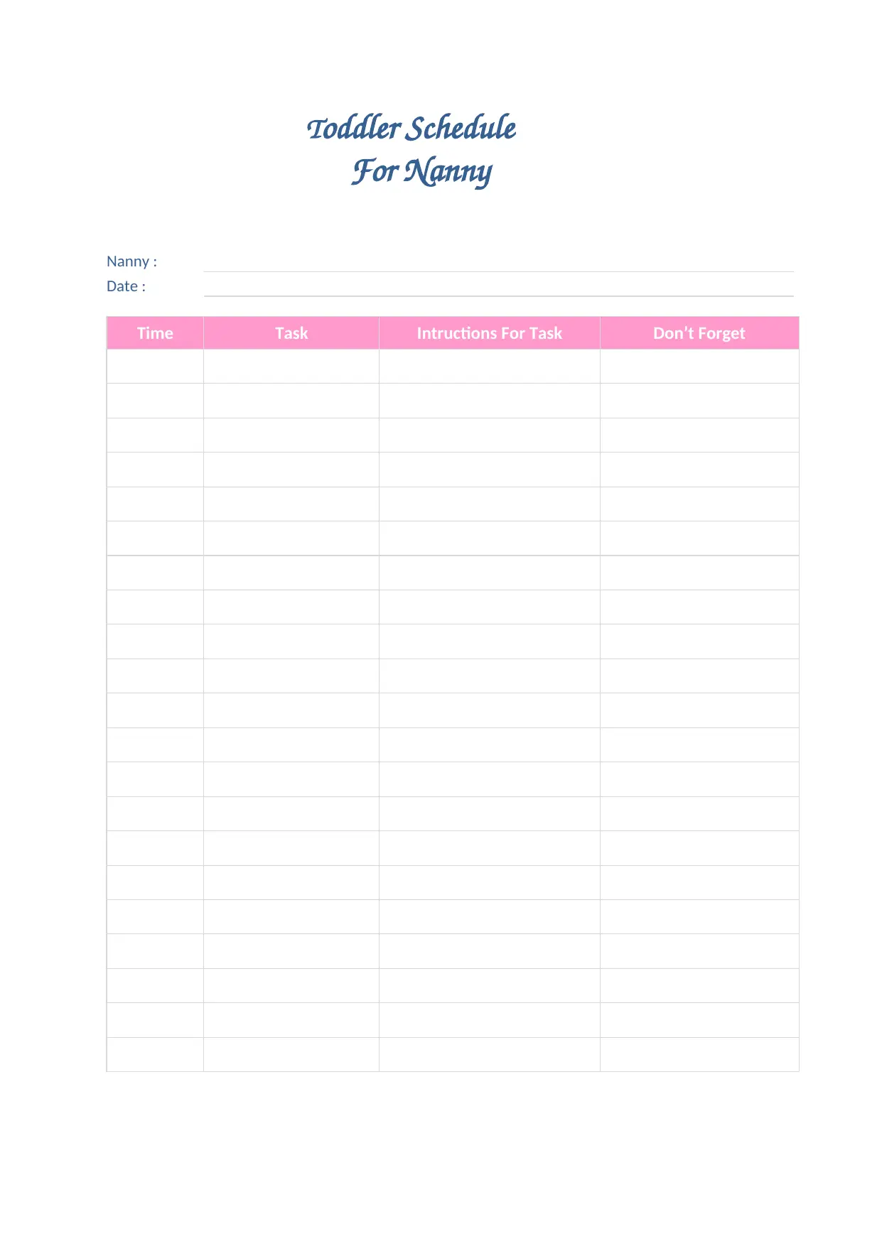 Toddler Schedule Template For Nanny