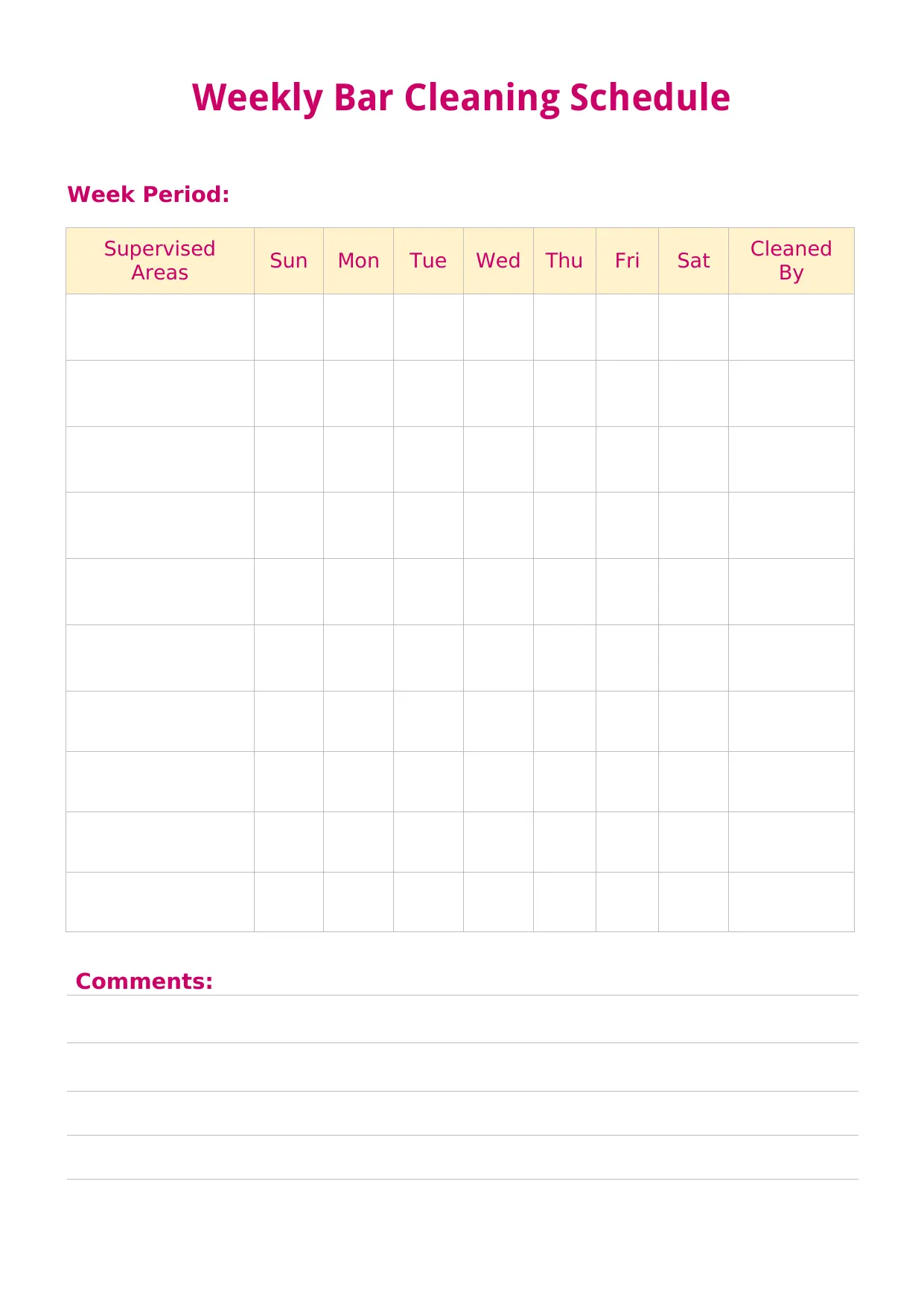 Weekly Bar Cleaning Schedule Template, bar cleaning checklist template word, bar cleaning checklist template free