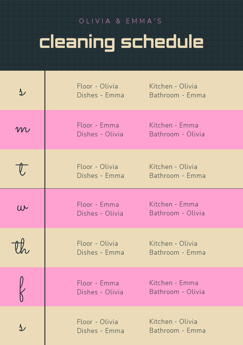 roommate cleaning schedule template free ppt