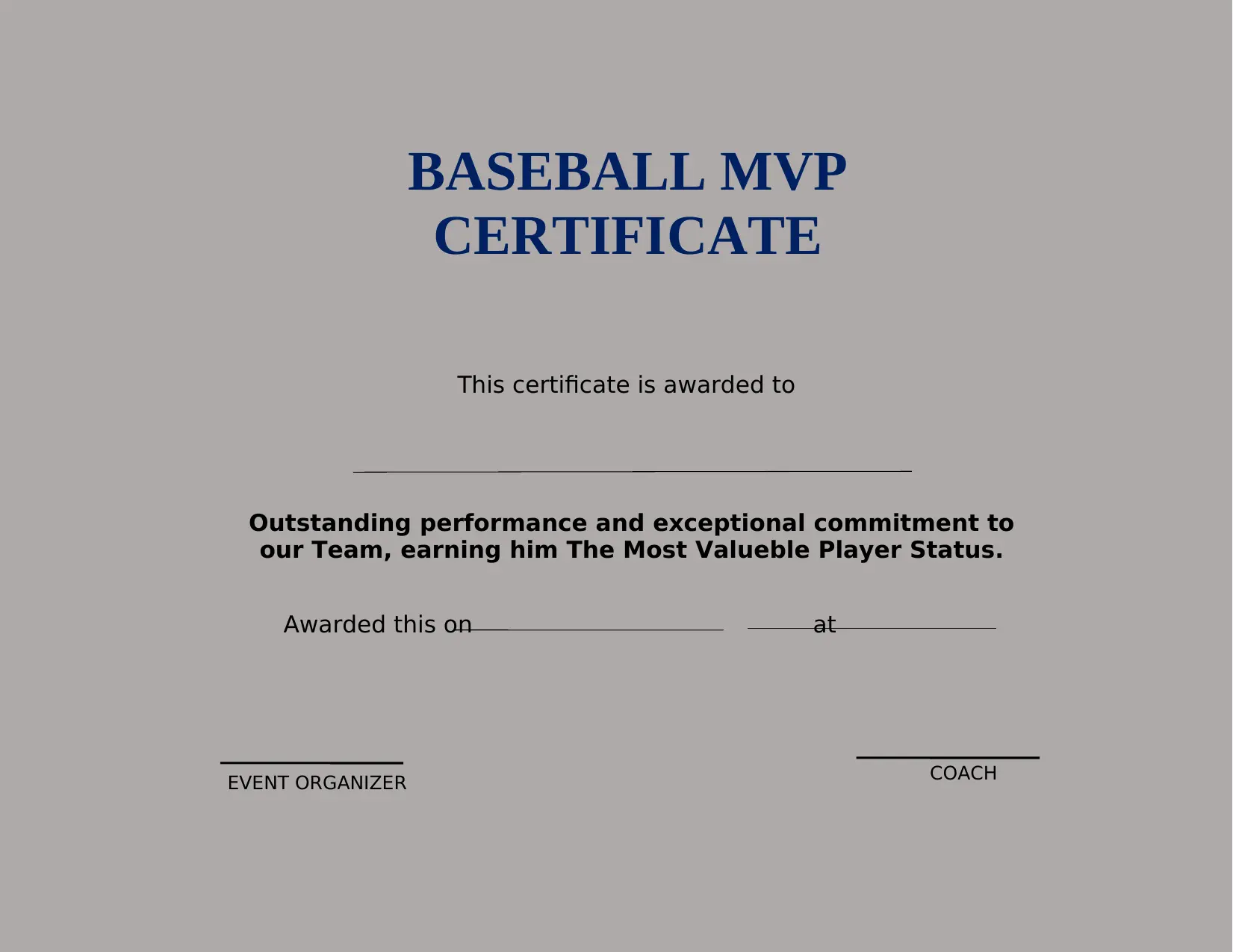 Baseball MPV Certificate Template