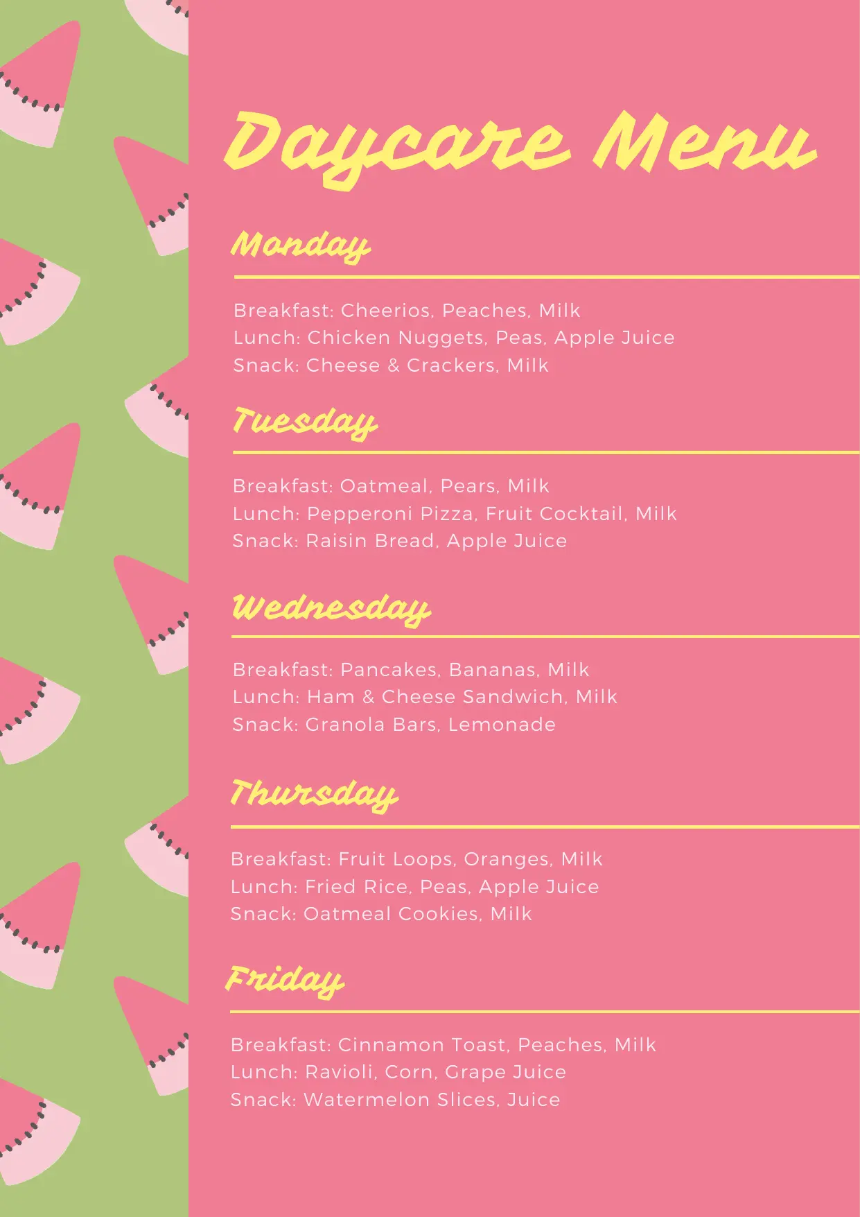 Daycare Monthly Menu Template