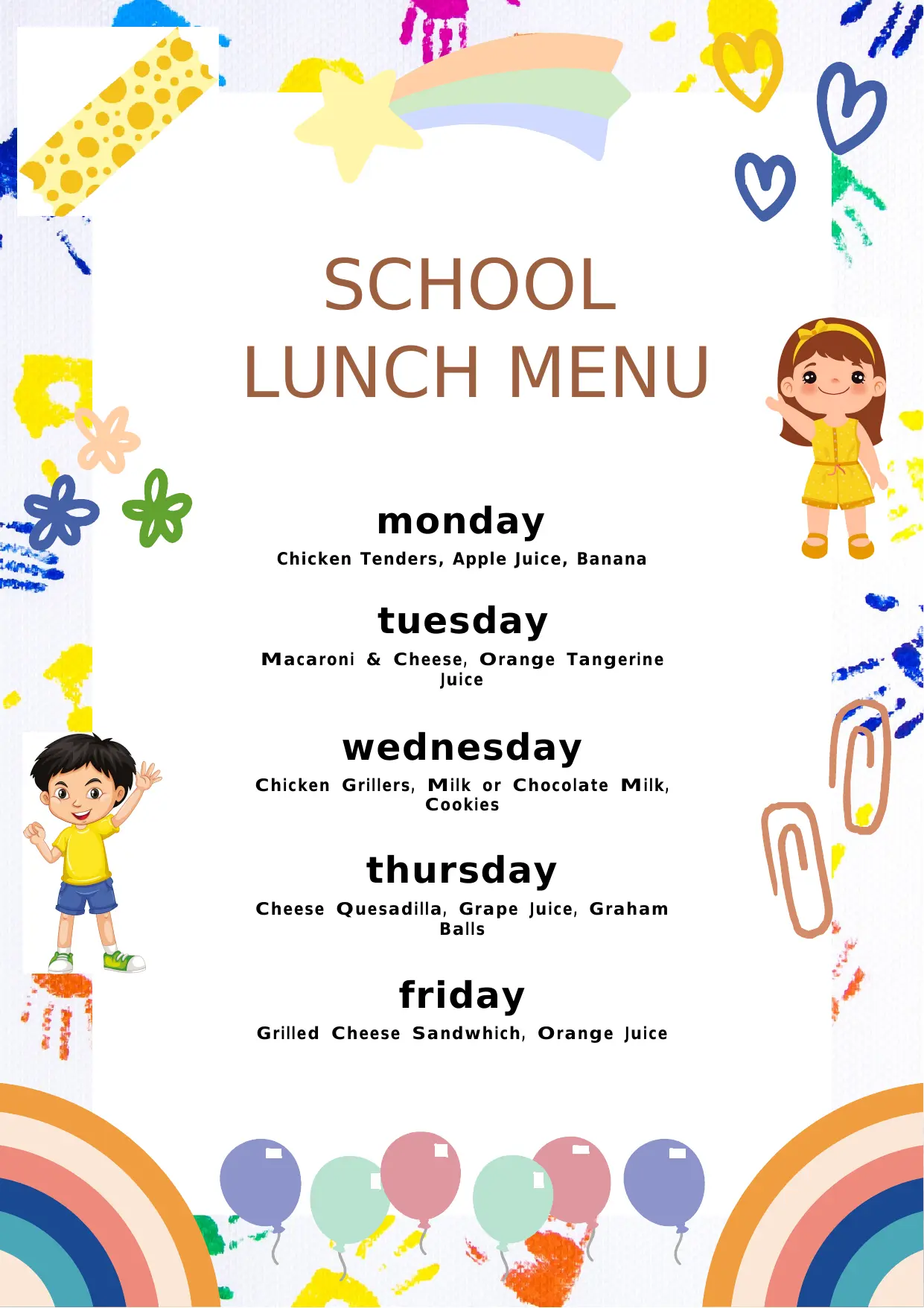 Elementary School Lunch Menu Template