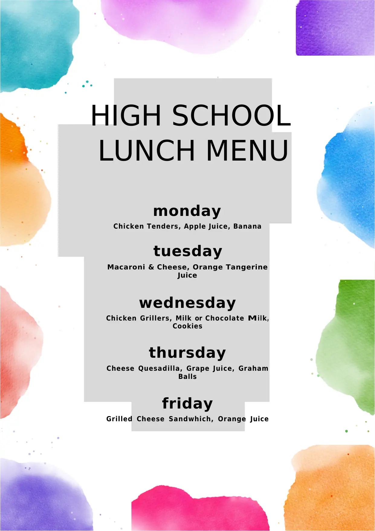 High School Lunch Menu