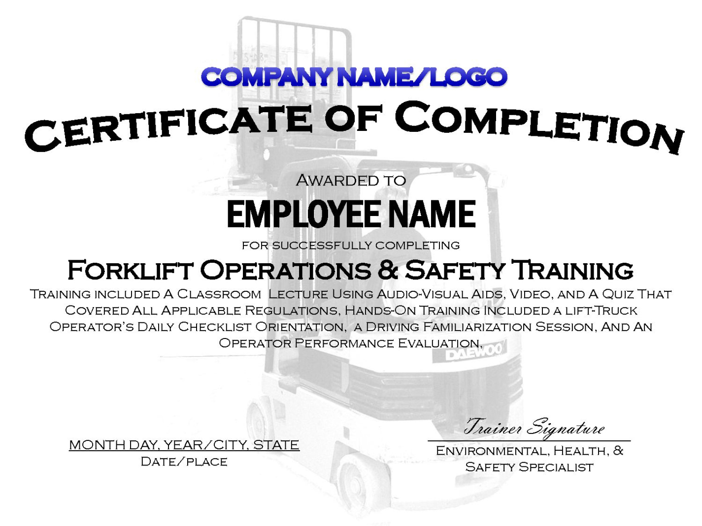 Free Blank Fall Protection Training Certificate Template Word