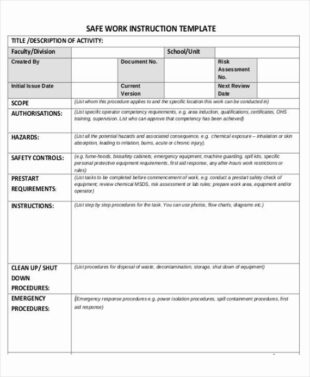 free printable safe work instruction template  example