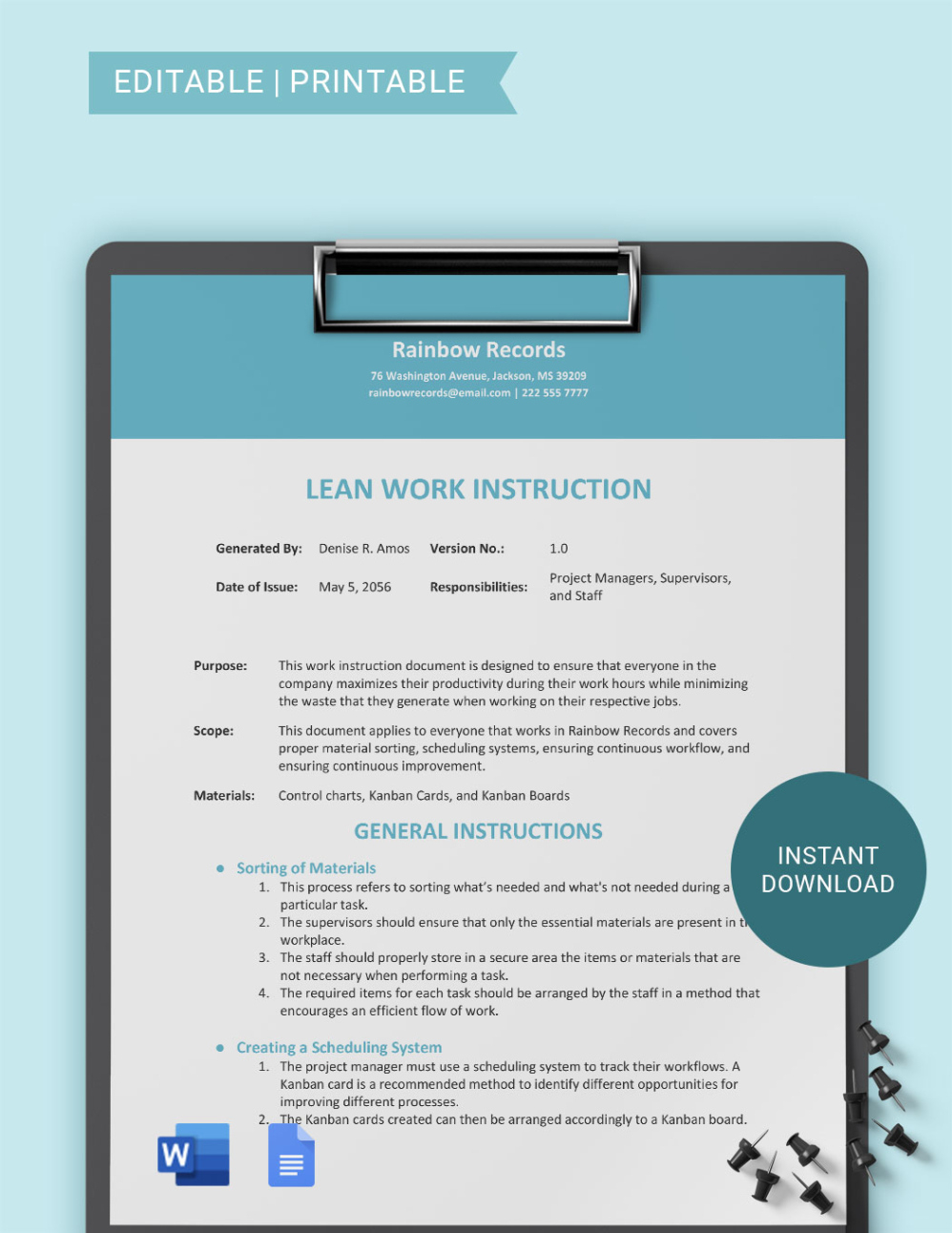 free  quality work instructions template​  sample