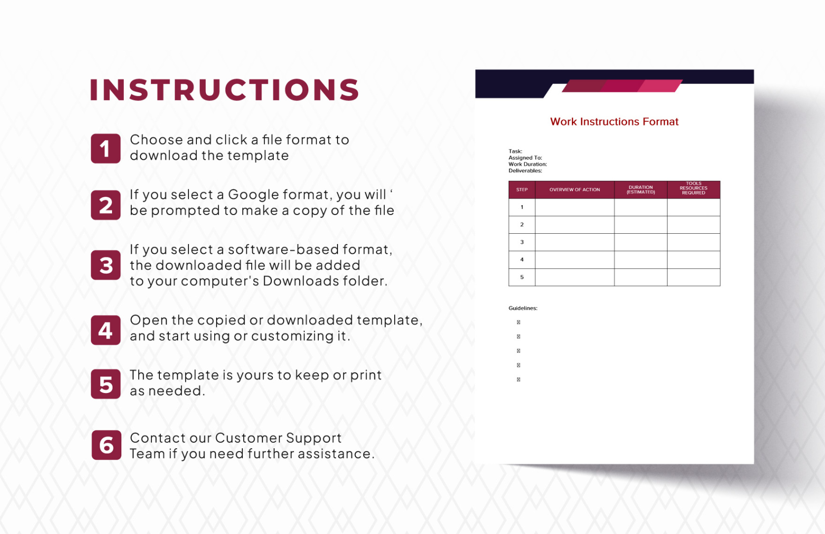 printable quality work instructions template  excel sample