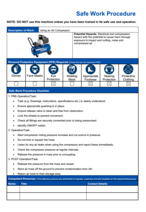 printable safe work instruction template  sample