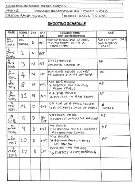 Blank Music Video Shooting Schedule Template Word Example