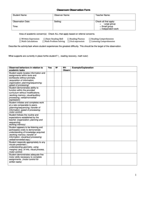 Blank Primary School Lesson Observation Template Excel Example