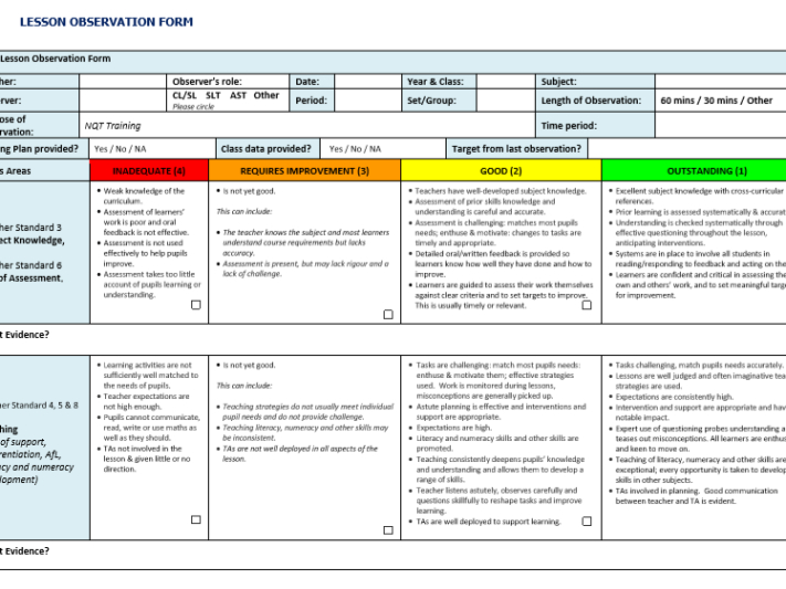 Blank Primary School Lesson Observation Template  Sample