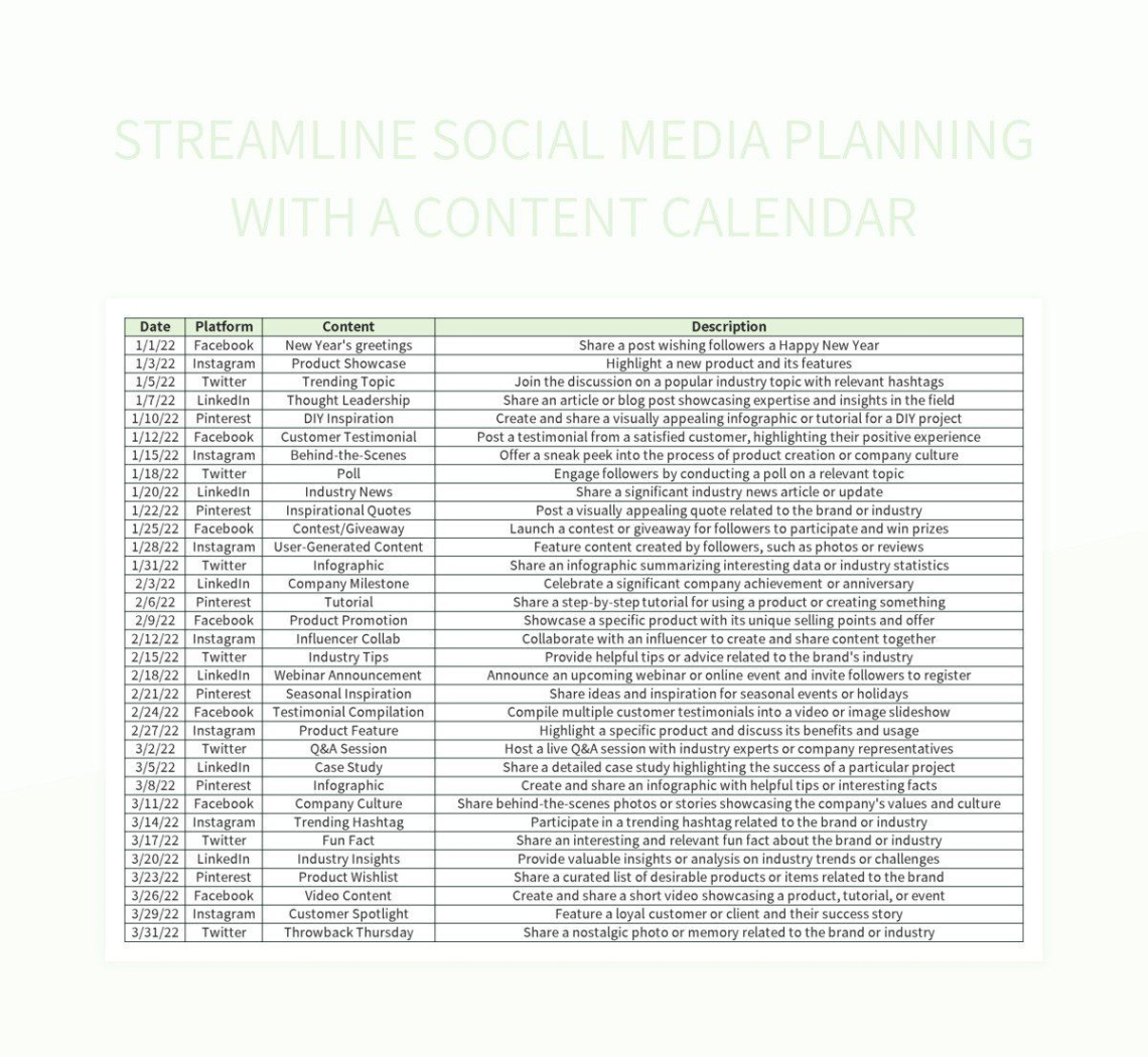 Free Blank Social Media Content Schedule Template Excel