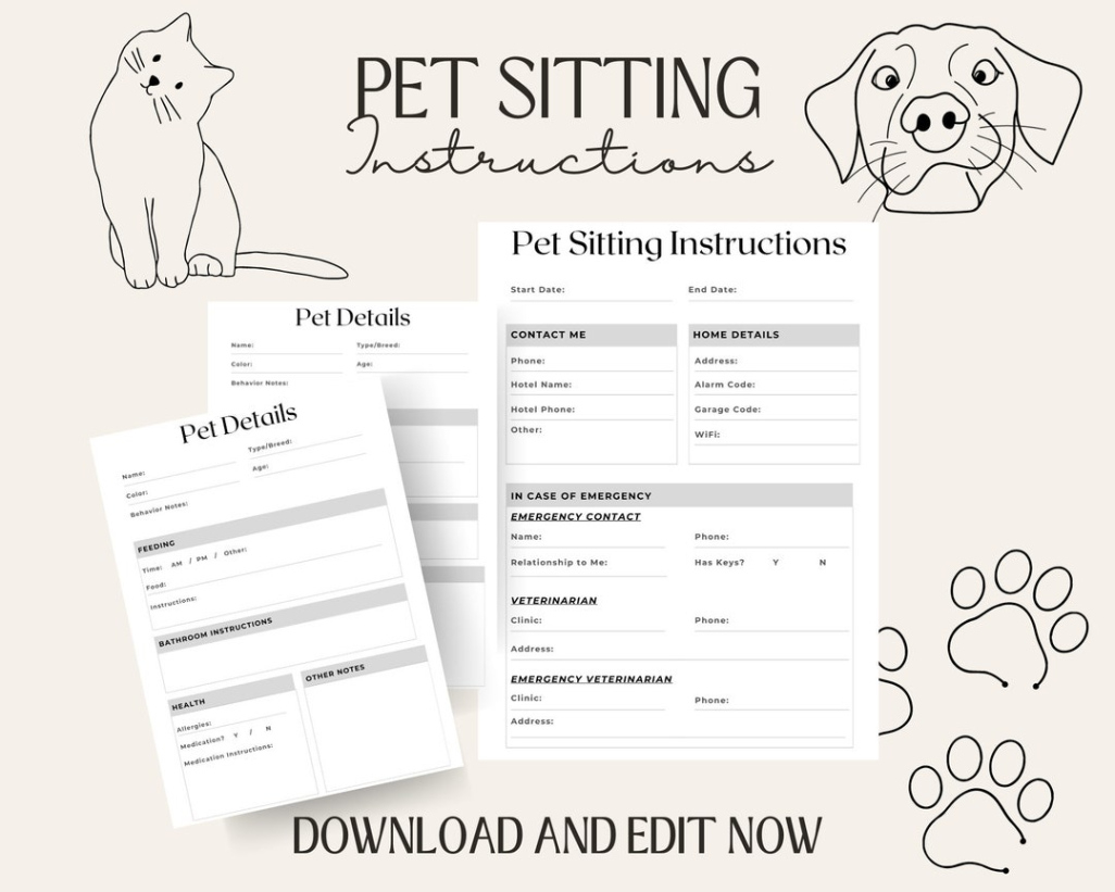 free custom cat sitting instructions template