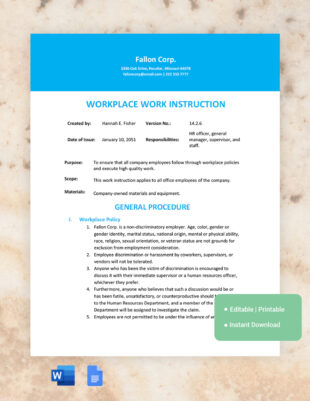 free editable safety work instructions template pdf example