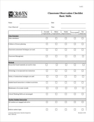 Free Editable Teaching Assistant Lesson Observation Template Excel