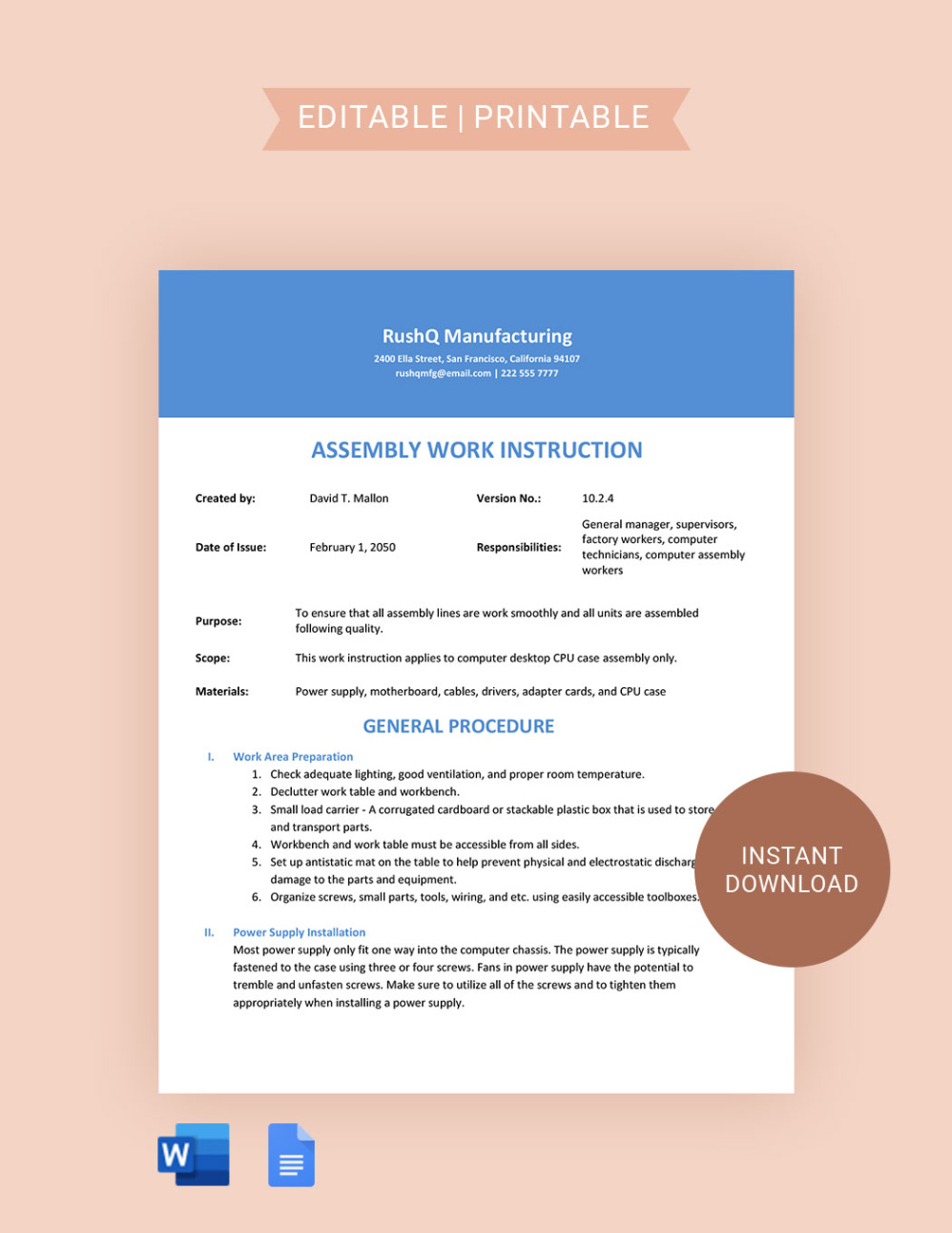 free printable manufacturing work instructions template doc