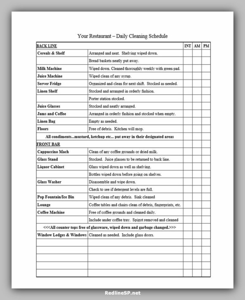 Free Printable Master Cleaning Schedule For Food Industry Template Pdf Example