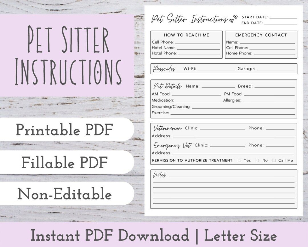 printable cat sitting instructions template doc sample