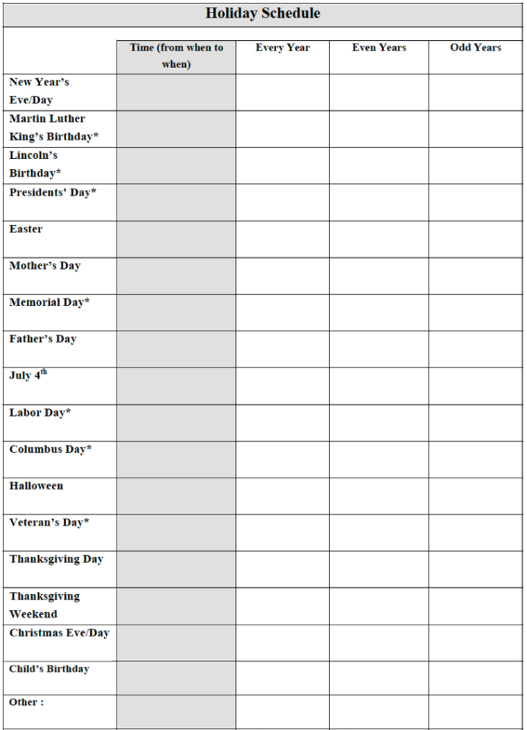 Printable Child Custody Holiday Schedule Template Word Example