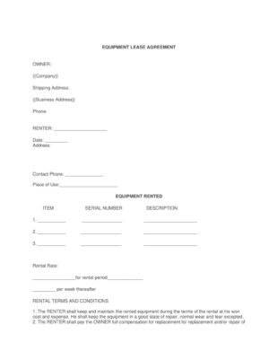 printable free printable equipment lease agreement templates word pdf equipment rental agreement contract template pdf