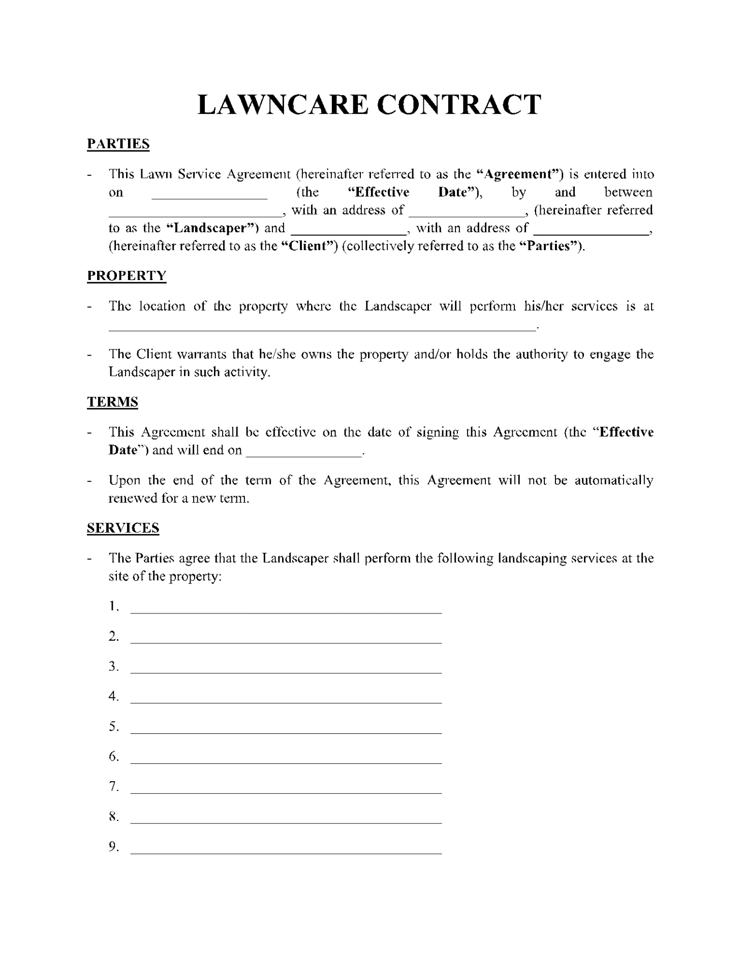 printable lawncare contract 1 basic lawn care contract template pdf