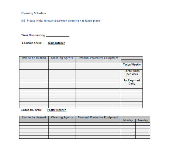 Printable School Kitchen Cleaning Schedule Template  Sample