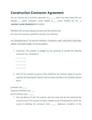 Editable New Home Construction Contract Template Word Sample