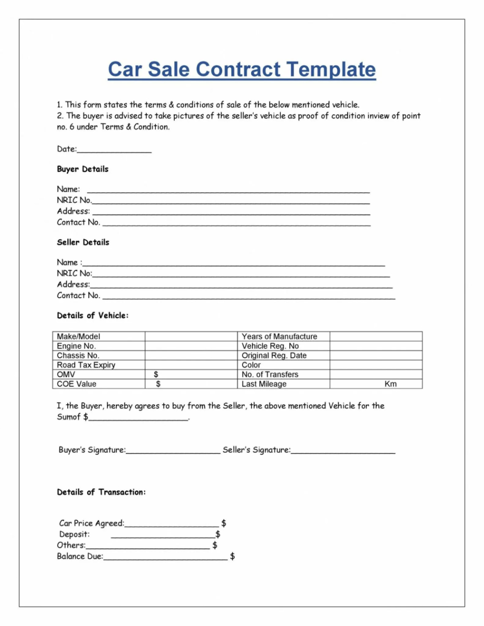 Editable Second Hand Car Sale Contract Template Excel Sample