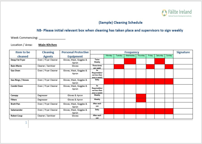 Editable Takeaway Cleaning Schedule Template Excel Sample