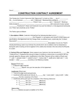 Free Blank New Home Construction Contract Template Pdf Sample