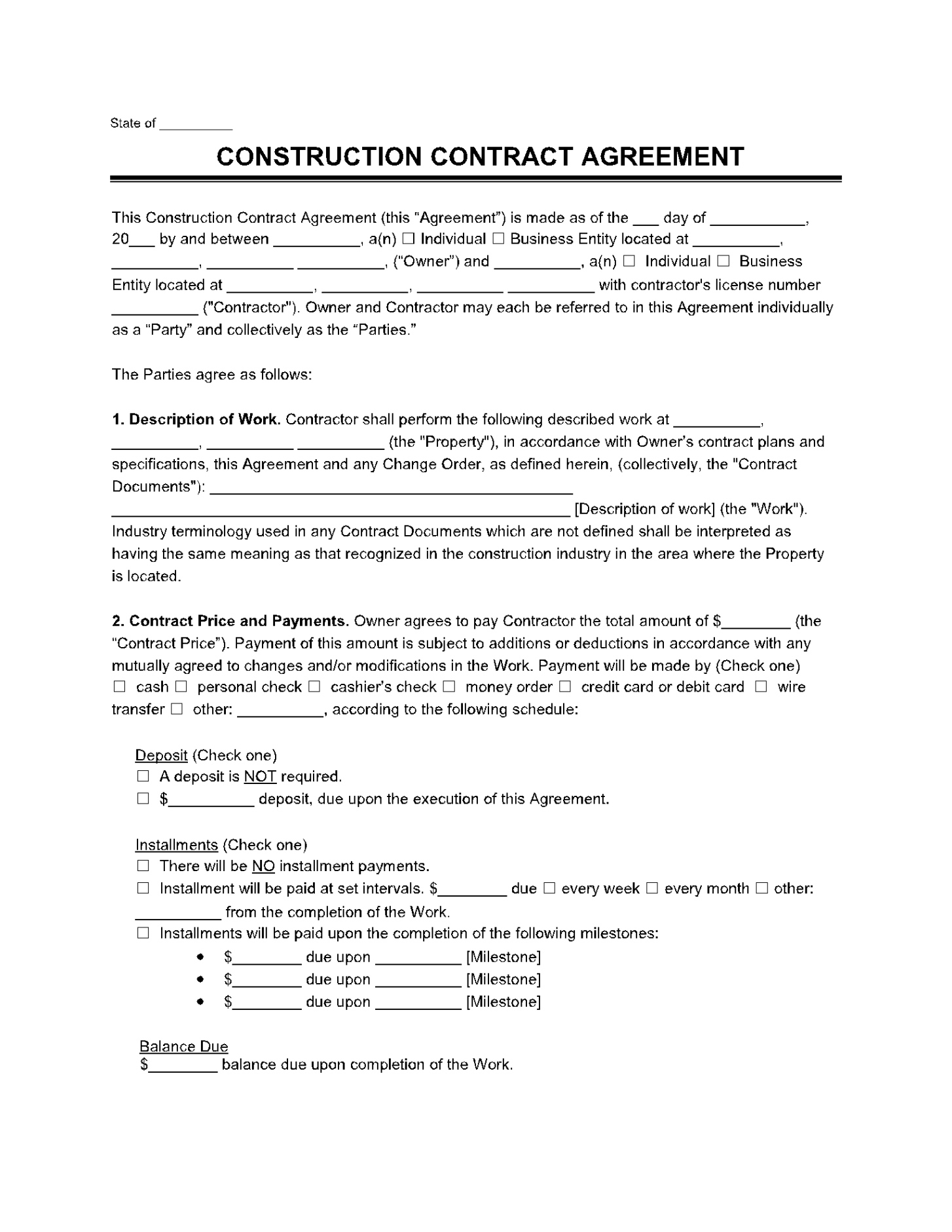 Free Blank New Home Construction Contract Template Pdf Sample