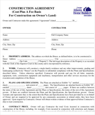 Printable New Home Construction Contract Template Doc Sample