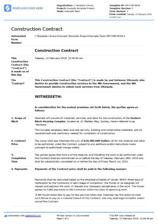 Printable New Home Construction Contract Template Word