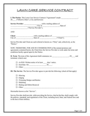 Printable Simple Lawn Care Contract Template Word Sample