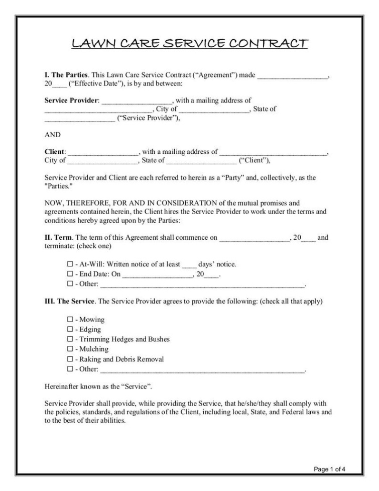 Printable Simple Lawn Care Contract Template Word Sample