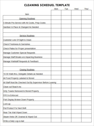 Printable Takeaway Cleaning Schedule Template Excel Sample