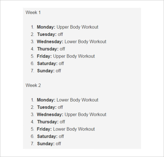 Blank Weekly Weight Training Schedule Template Excel Sample