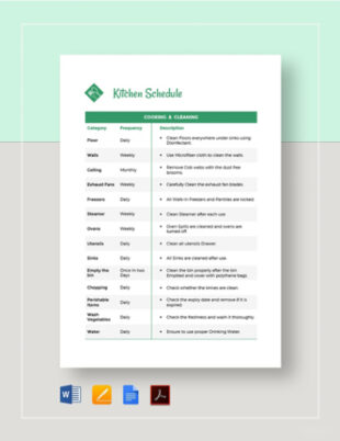 Editable School Kitchen Cleaning Schedule Template Word Sample