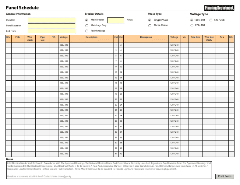 Free Editable Residential Electrical Panel Schedule Template Excel Sample