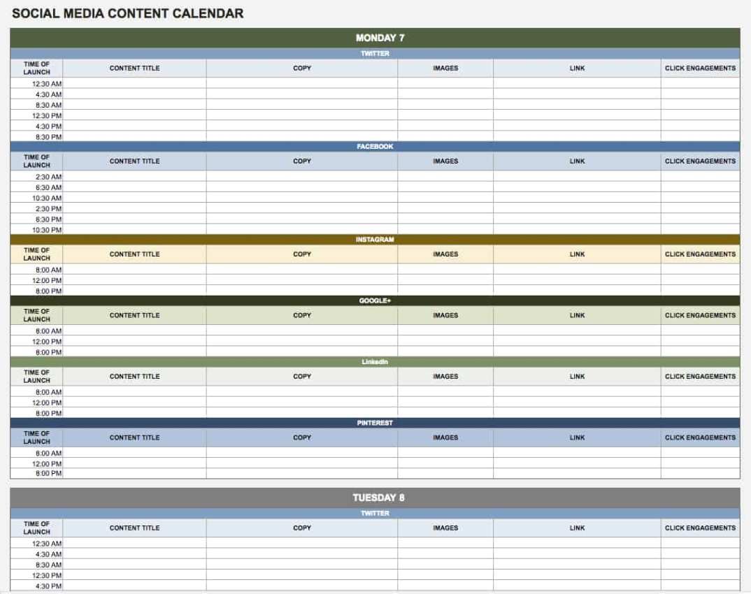 Free Printable Social Media Content Schedule Template Word