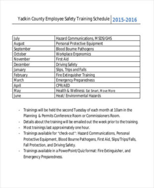 Printable Monthly Safety Training Schedule Template Excel