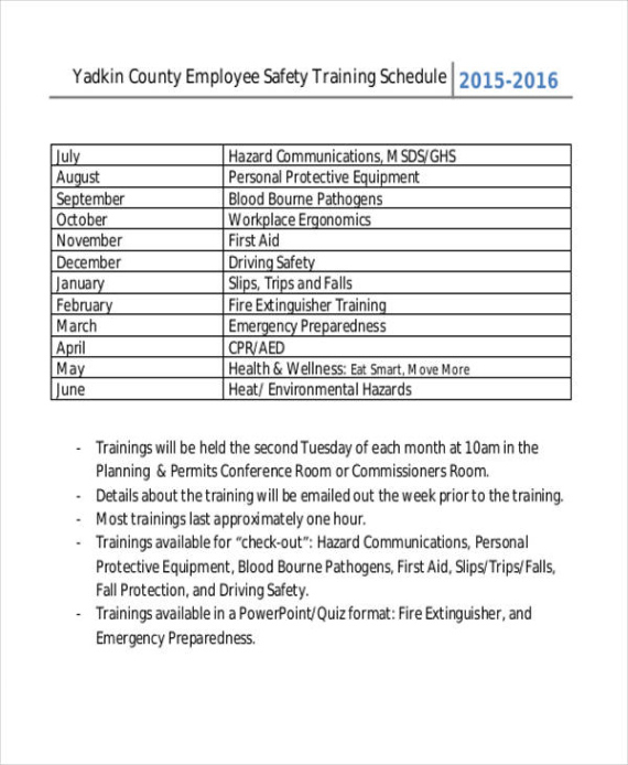 Printable Monthly Safety Training Schedule Template Excel