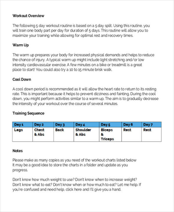 Sample 5 Day Workout Schedule Template Doc